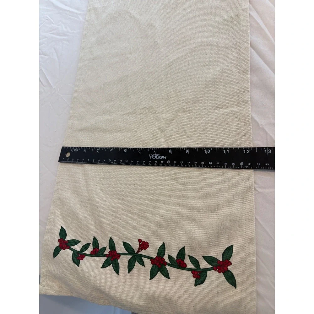 Christmas Holly Berry Embroidered Cotton Table Runner Cream 12x49 Holiday Decor